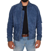 Mens Soft Goat Suede Bomber Varsity Baseball Jacket Blur Blue Open 3