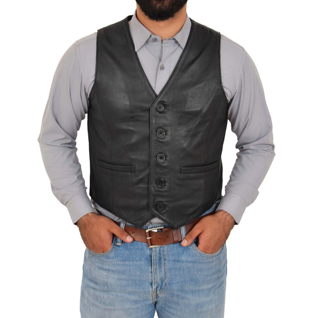 Mens Full Leather Waistcoat Gilet Traditional Smart Vest King Black Front 1