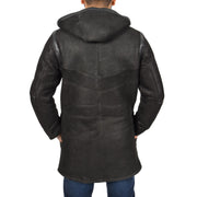 Mens Genuine Sheepskin Duffle Coat 3/4 Long Hooded Jacket Ace Black Back 1