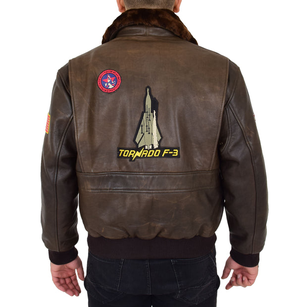 Mens Brown Bomber Leather Pilot Jacket Badges Sheepskin Collar Hawk Back
