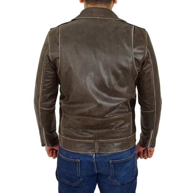 Mens Distressed Leather Biker Jacket Brown Vintage Rub Off Lex Back