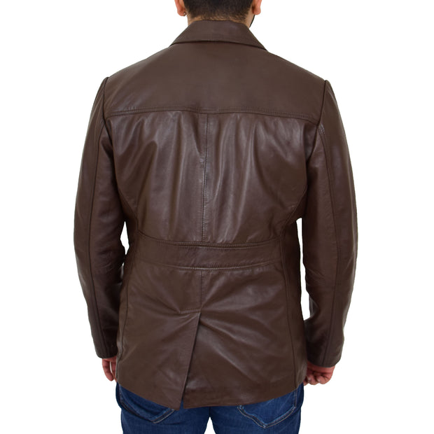 Mens Casual Leather Jacket Hip Length Brown Reefer Blazer Coat Harold Back