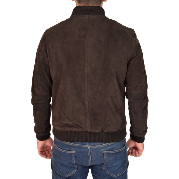 Mens Soft Goat Suede Bomber Varsity Baseball Jacket Blur Brown Back