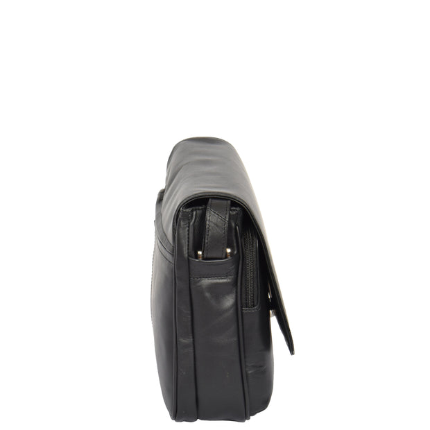 Ladies BLACK Leather Shoulder Bag Flap Over Handbag A190 Side