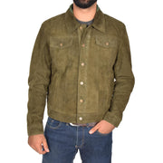 Mens Real Soft Goat Suede Trucker Denim Style Jacket Chuck Green Front 1