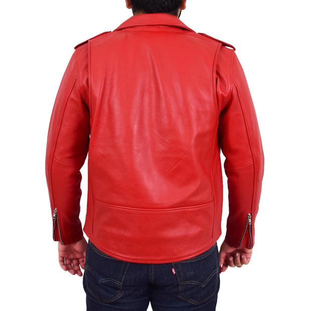 Genuine Cowhide Biker Jacket Heavy Duty Leather Brando Retro Coat Rock Red Back