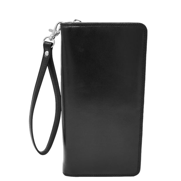 Real Italian Leather Travel Passport Wallet Boarding Pass Clutch Purse AVM10 Black Front