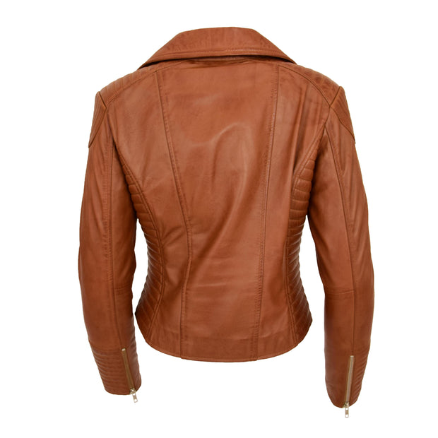 Womens Designer Leather Biker Jacket Fitted Quilted Coat Bonita Tan Back