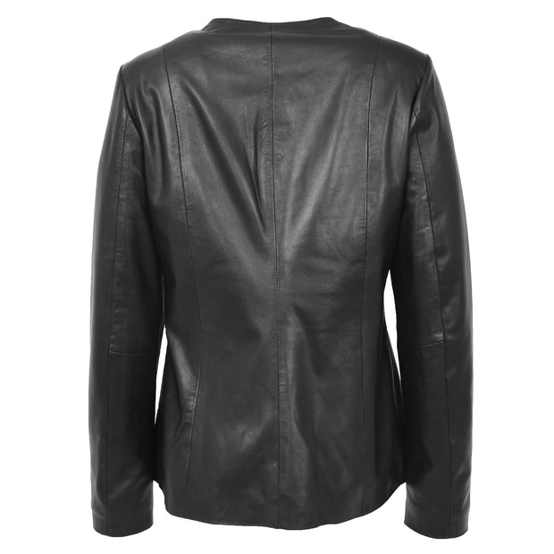 Womens Collarless Black Leather Jacket Round Neck Semi Fit Chelo Back