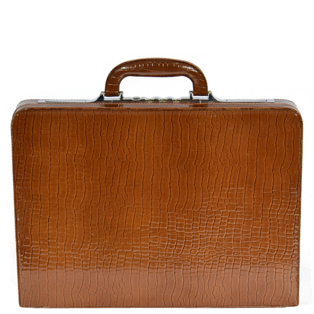 Slimline Brown Leather Attache Croc Print Briefcase Dual Lock Office Bag Mark Front