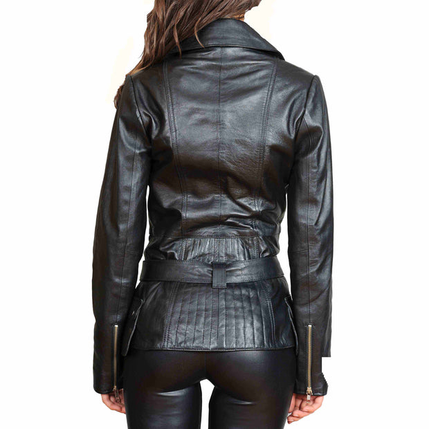 Womens Fitted Mid Length Biker Leather Jacket Hannah Black Back