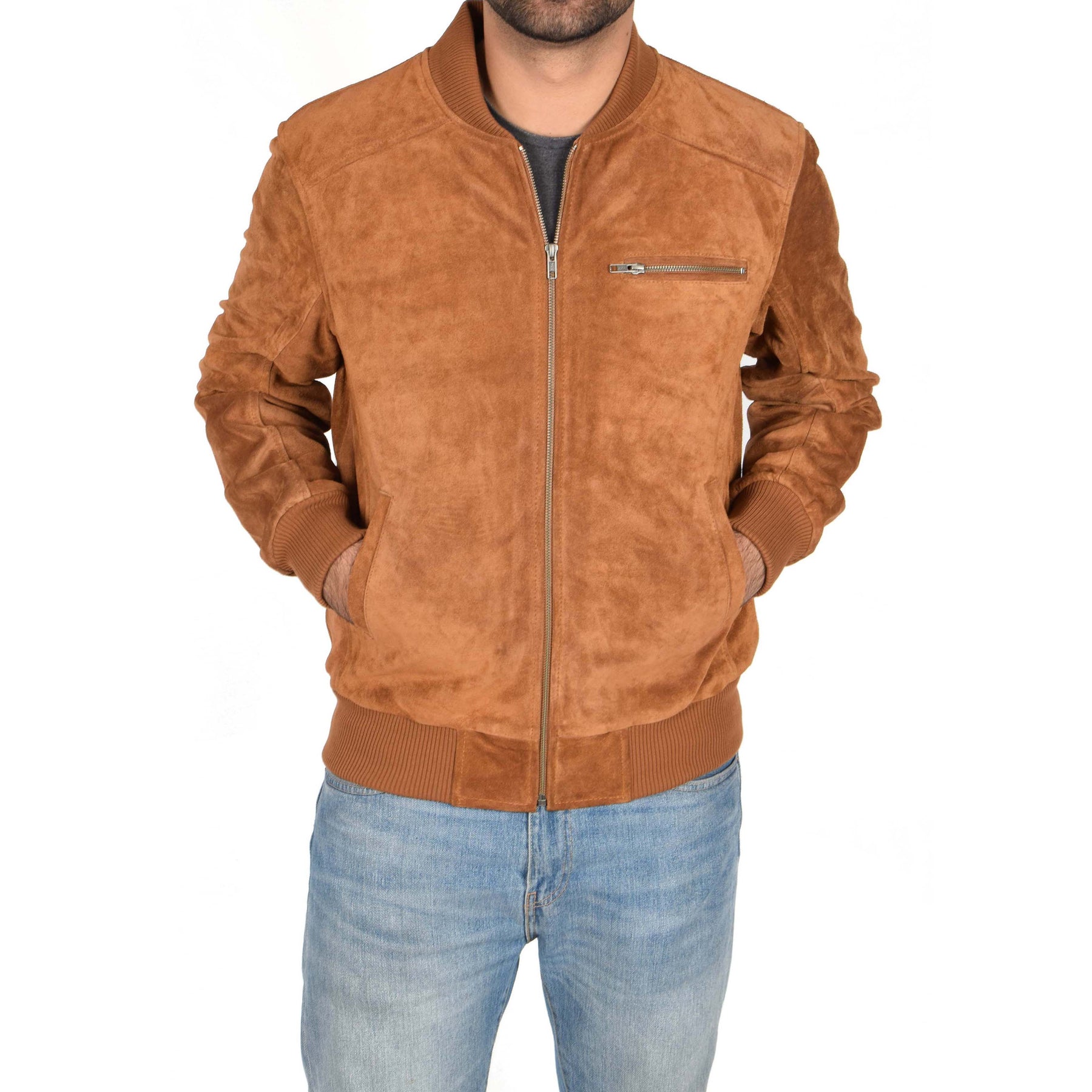 Mens Genuine Tan Suede Bomber Jacket A1 Fashion Goods