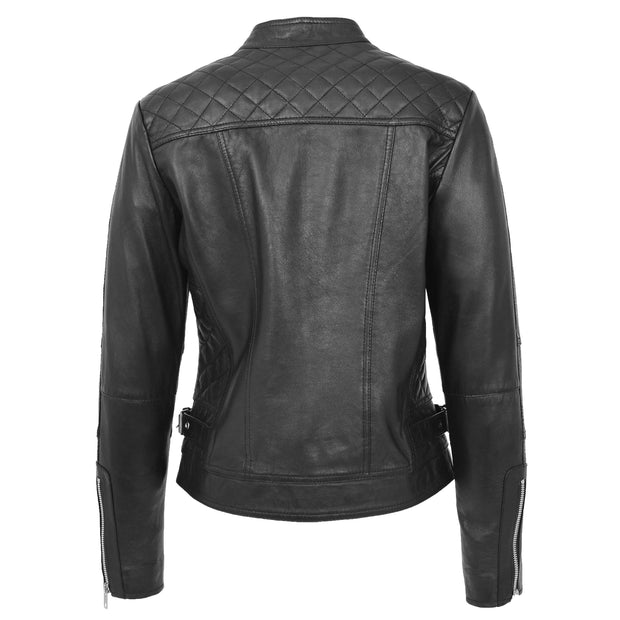Womens Soft Black Leather Biker Jacket Designer Stylish Fitted Quilted Celeste Back