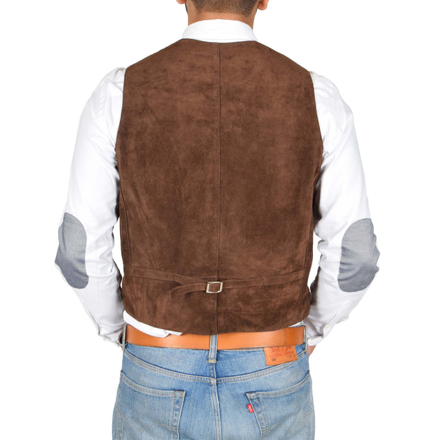 Mens Real Suede Leather Waistcoat Classic Vest Gilet Cole Brown Back