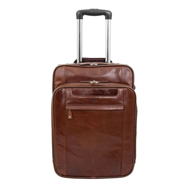 Luxurious Brown Leather Cabin Size Suitcase Hand Luggage Beverley Hills Front 1