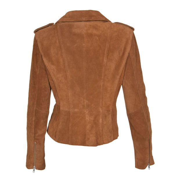 Womens Genuine X-Zip Fitted Biker Tan Suede Leather Jacket Rusty Back