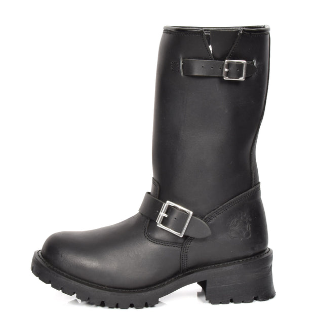 Real Leather Round Toe Buckle Design Biker Boots ATB45H Black Side 1