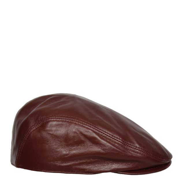 Genuine Burgundy Leather Flat Cap English Granddad Baker-boy Hat Arthur Side