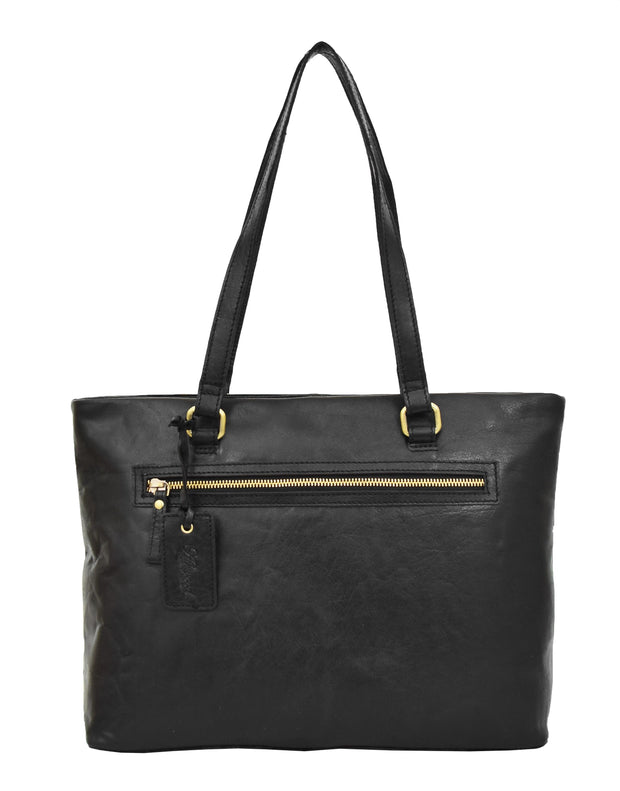 Leather Tote Bag with Zipper, Genuine Leather Tote Bag | Mayko Bags Black