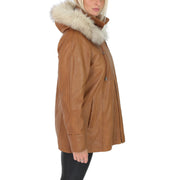 Womens Zip up Detachable Hood Parka Duffle Leather Coat Isabella Tan Side