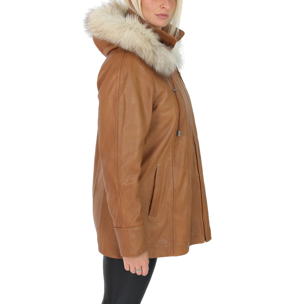 Womens Zip up Detachable Hood Parka Duffle Leather Coat Isabella Tan Side