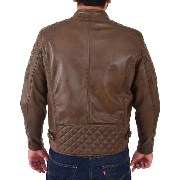 Mens Soft Leather Biker Jacket High Quality Quilted Design Tucker Timber Brown Back