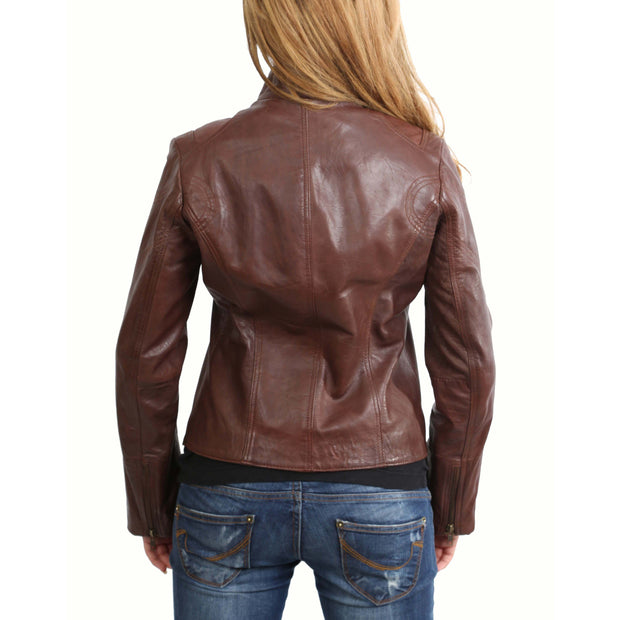Womens Fitted Leather Biker Jacket Casual Zip Up Coat Jenny Brown Back