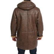 Mens Genuine Sheepskin Duffle Coat 3/4 Long Hooded Jacket Mitchel Brown Back 1