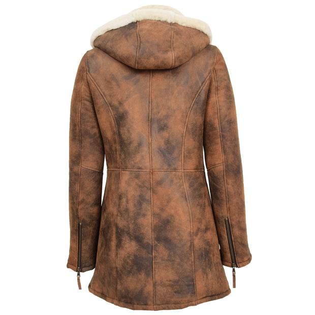 Womens Real Sheepskin Duffle Coat Hooded Shearling Jacket Armas Cognac Back