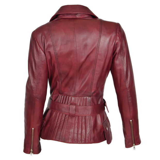 Womens Biker Leather Jacket Slim Fit Cut Hip Length Coat Coco Burgundy Back