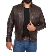 Mens Genuine Leather Biker Jacket Fitted Zip Up Coat Felix Brown