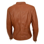 Womens Fitted Leather Biker Jacket Casual Zip Up Coat Jenny Tan Back