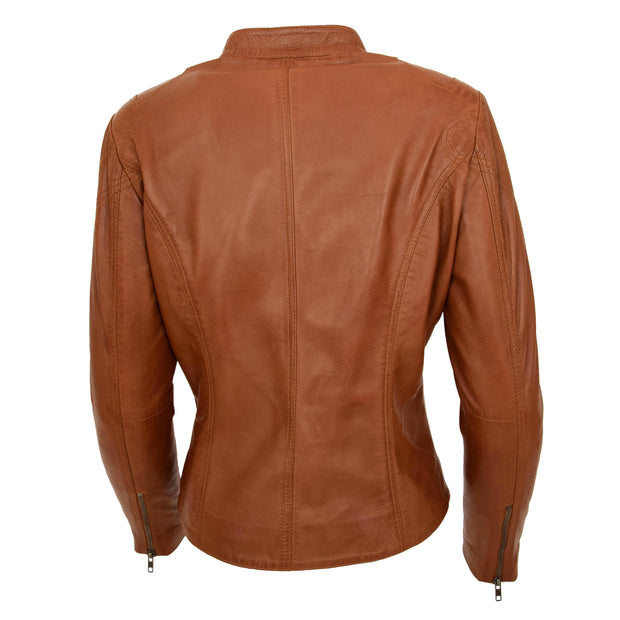 Womens Fitted Leather Biker Jacket Casual Zip Up Coat Jenny Tan Back