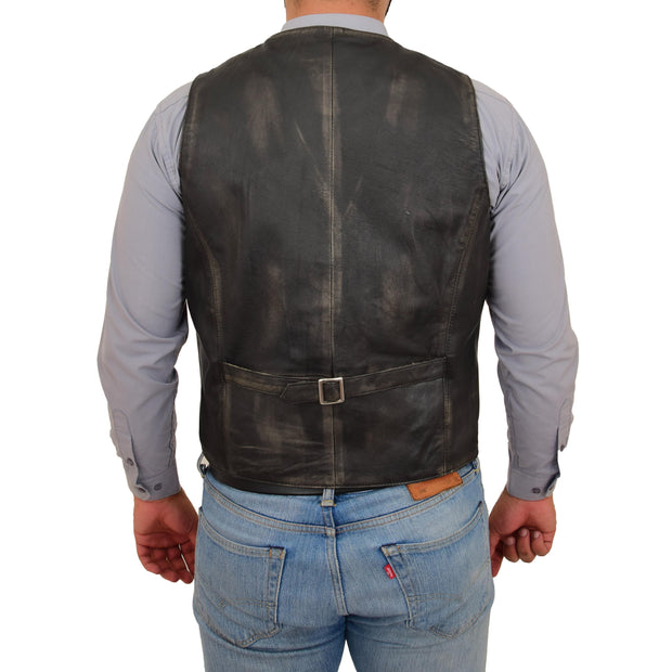 Mens Full Leather Waistcoat Rub Off Gilet Traditional Smart Vest King Back