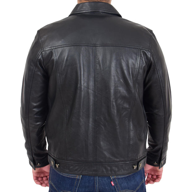 Mens Trucker Soft Leather Jacket Western Denim Style Coat Bond Black 1