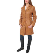 Womens 3/4 Button Fasten Leather Coat Cynthia Tan Full 1