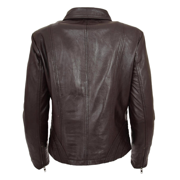 Ladies Soft Leather Jacket Fitted Collared Zip Fasten Biker Style Leah Brown Back