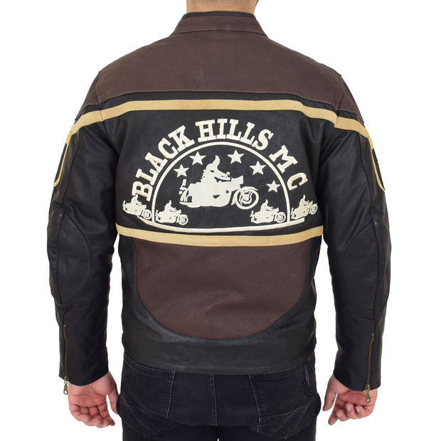 Mens Waxed Cowhide Biker Leather Jacket Badges Stripes Logos Tank Black Brown Back