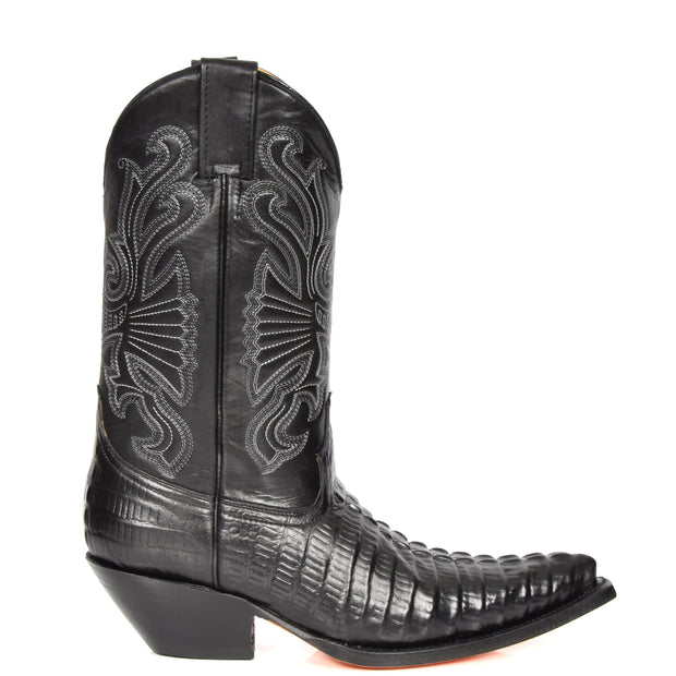 Real Leather Pointed Toe Croc Print Cowboy Boots AC229 Black Side 1
