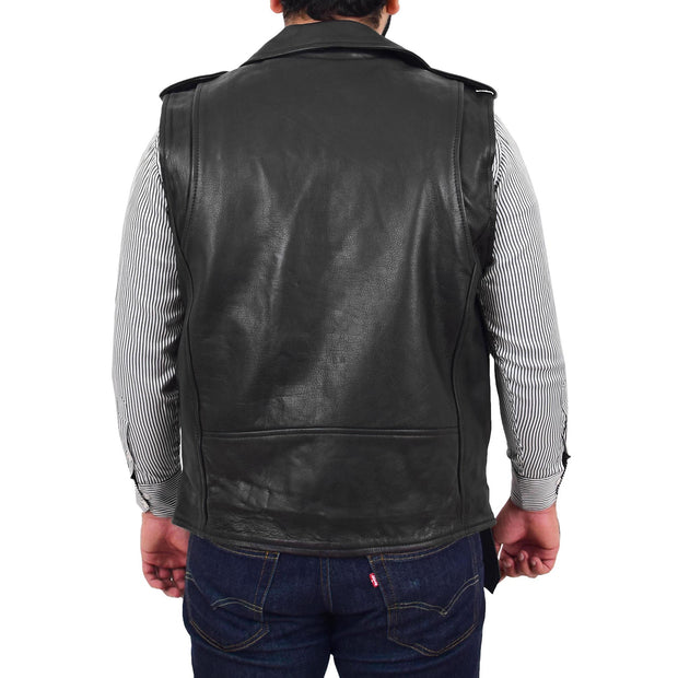Mens Cowhide Leather Biker Waistcoat Sleeveless Brando Style Gilet Hurley Black Back