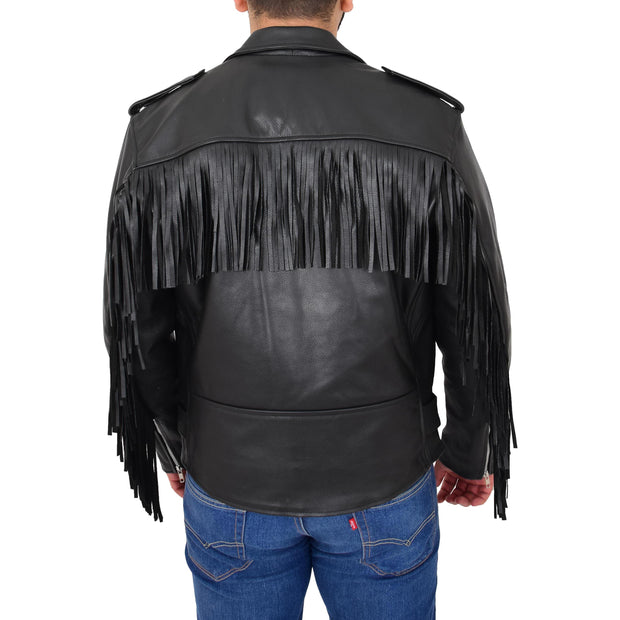 Mens Black Cowhide Biker Jacket With Leather Fringes Belt Tasselled Coat Bill Back
