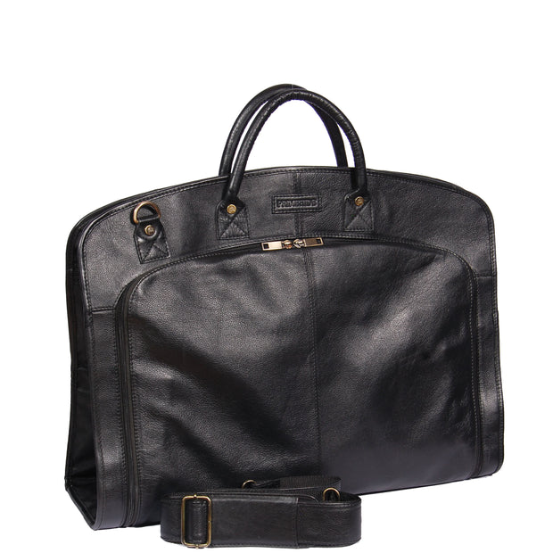 Genuine Soft Leather Suit Carrier Dress Garment Bag A173 Black Front Angle