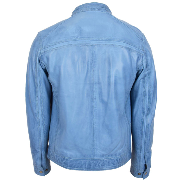 Mens Leather Biker Jacket Vintage Band Collar Fitted CALVIN Sky Blue 2