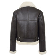 Womens Luxurious Brown Genuine Sheepskin Flying Jacket White Shearling Harriet Back