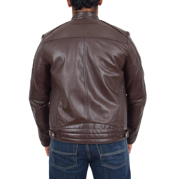 Mens Cafe Racer Biker Leather Slim Fit Jacket Teddy Brown Back