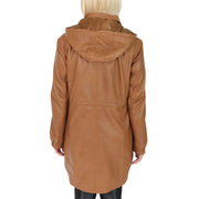 Ladies Duffle Leather Coat 3/4 Long Detachable Hood Classic Parka Jacket Liza Tan Back 1
