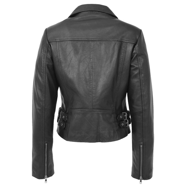 Womens Luxurious Black Leather Biker Jacket Italian Designer Coat Caily Back