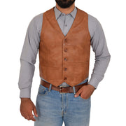 Mens Full Leather Waistcoat Gilet Traditional Smart Vest King Tan Front 1