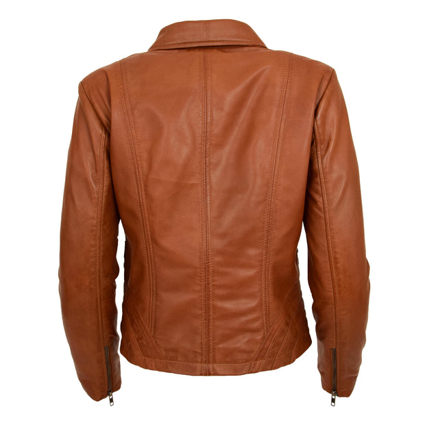 Ladies Soft Leather Jacket Fitted Collared Zip Fasten Biker Style Leah Tan Back