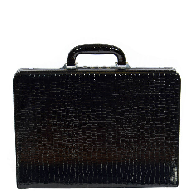 Slimline Black Leather Attache Croc Print Briefcase Dual Lock Office Bag Mark Front